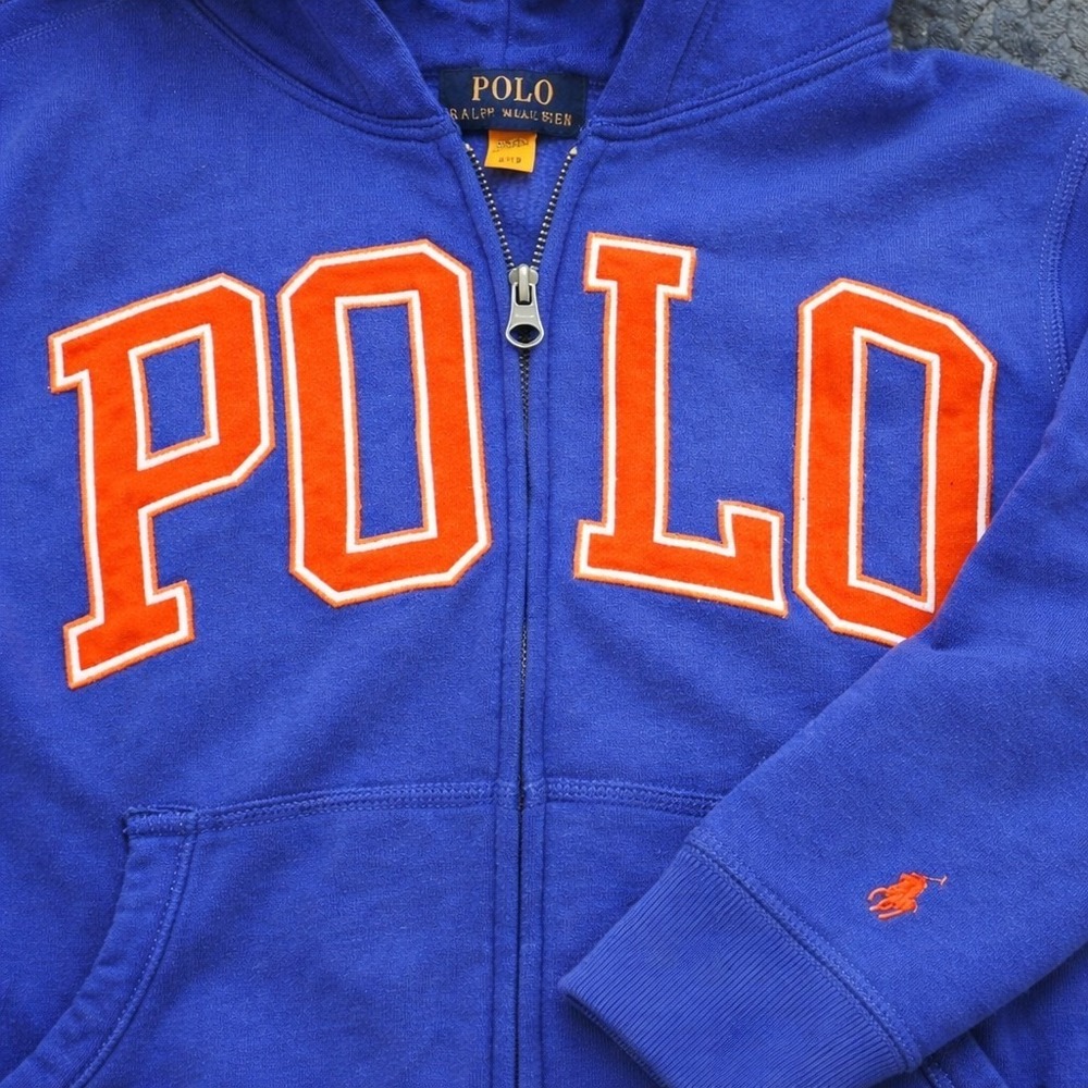 Polo Ralph Lauren Full Zip Hoodie Boys Medium‎ 10-12 Blue Pony Logo Spellout